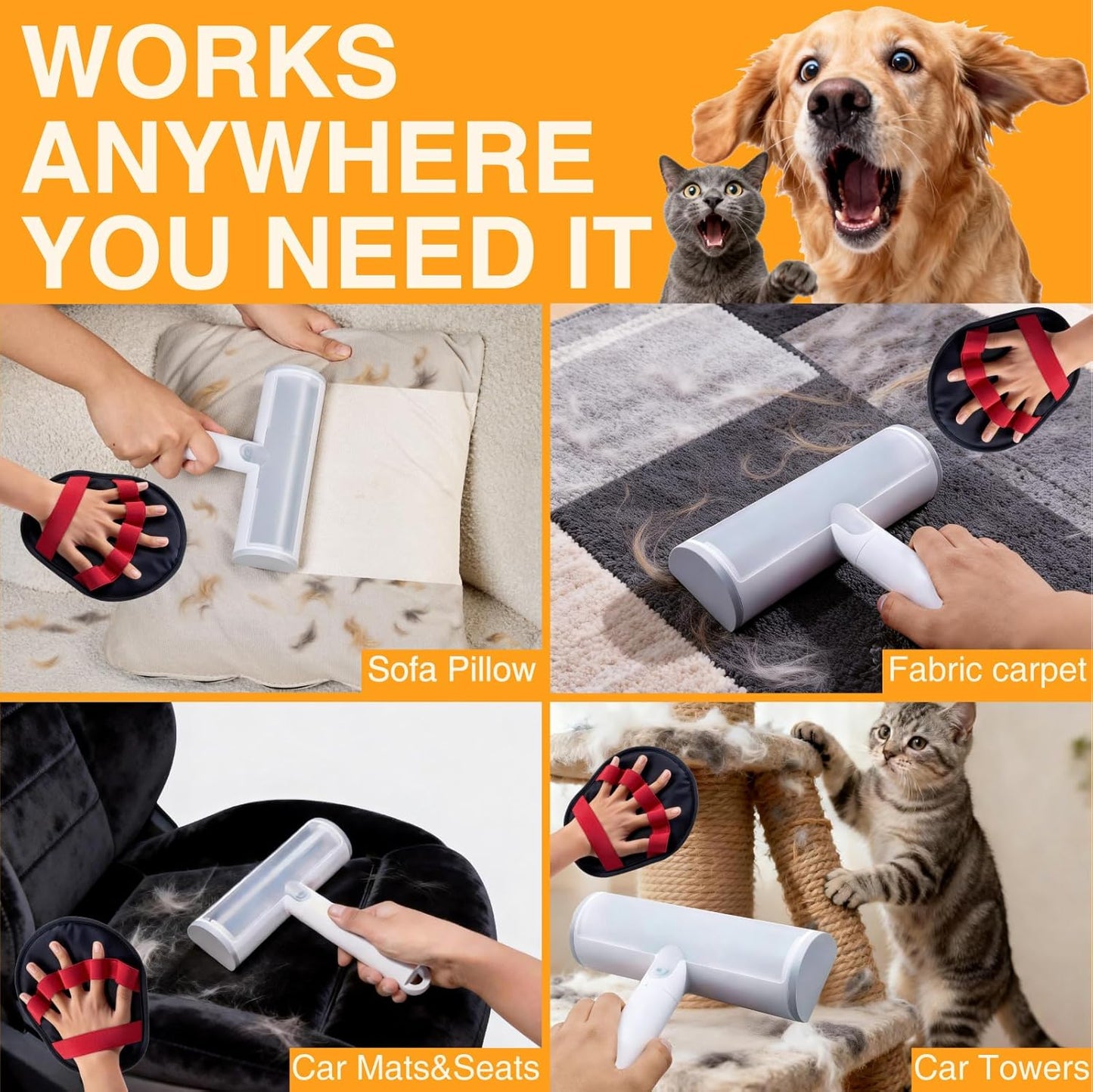 2 in 1 Pet Hair Removal Set, Reusable Dog Hair Remover & Cat Hair Remover, Pet Hair Remover with Roller & Glove, Pet Hair Removal Tool for Clothing, Couch, Furniture & Laundry